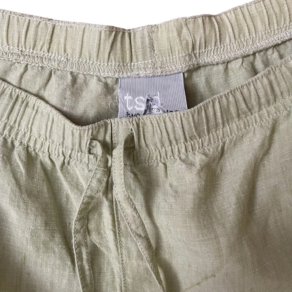 Two Star Dog 100% Linen Sage Green Drawstring Capri Pants Pockets Resort Wear